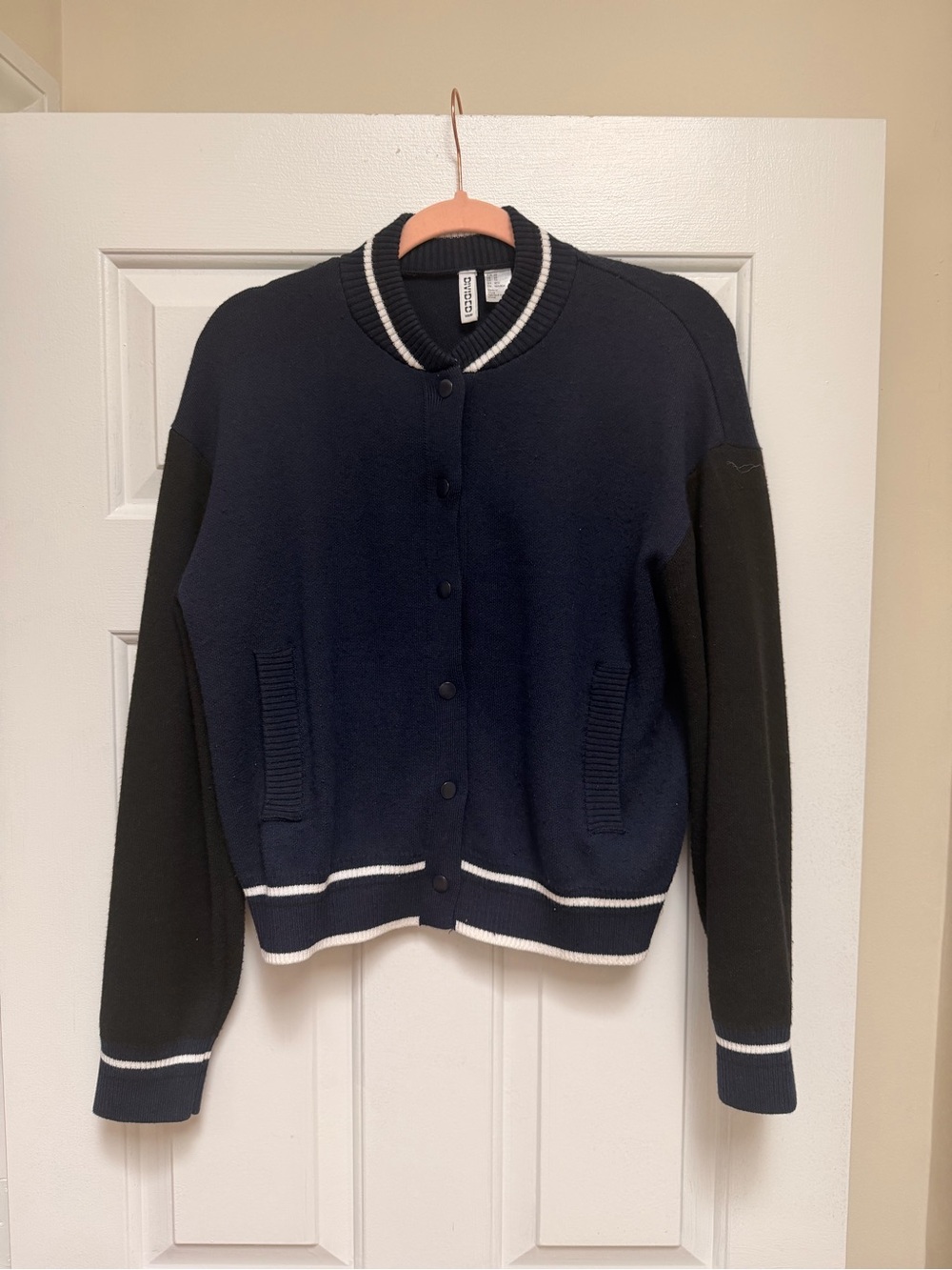 H&M Navy Bomber Cardigan with Black Sleeves and White Stripe Trim